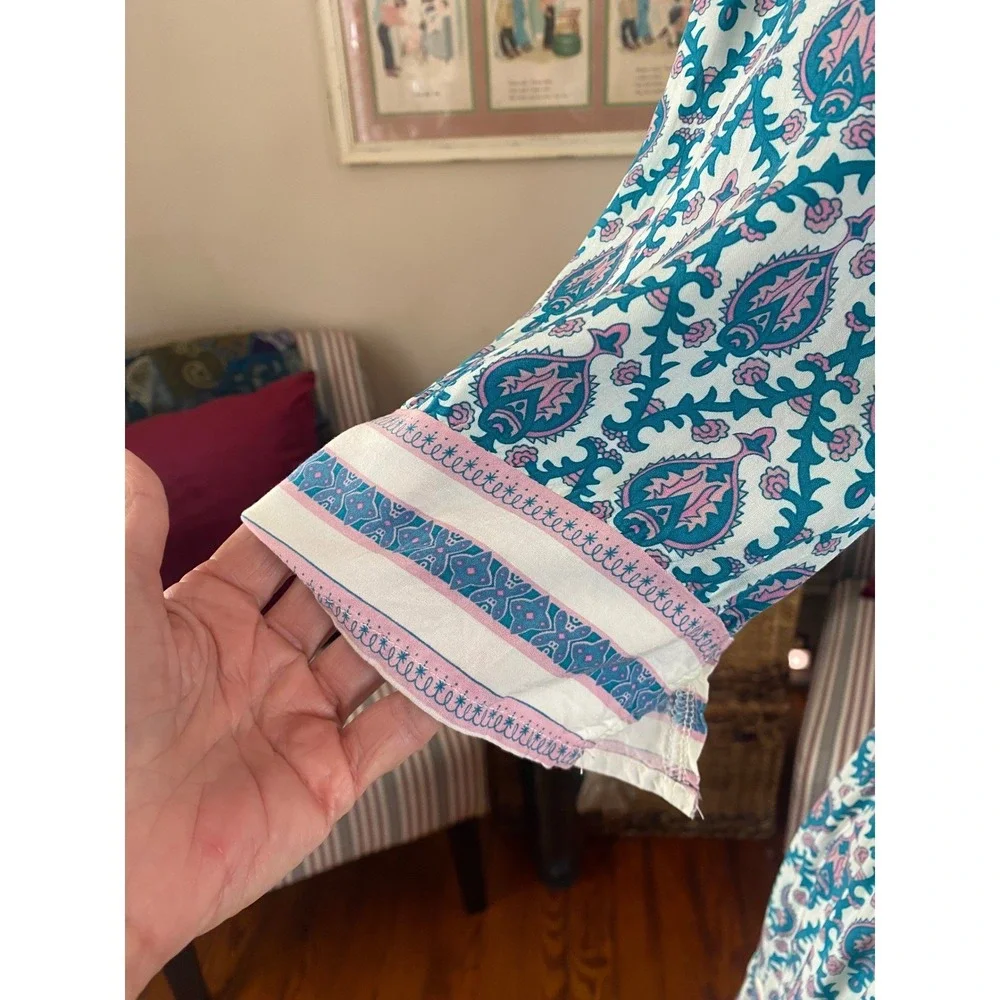 FP TO LOVE Boho Blue Pink Paisley‎ Button Front Tiered Midi Dress SZ M